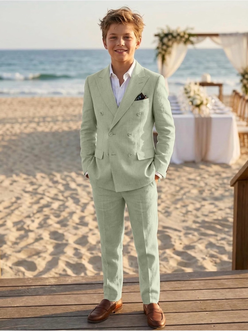 Boys 2-Piece Light Sage Double-Breasted Linen Suit